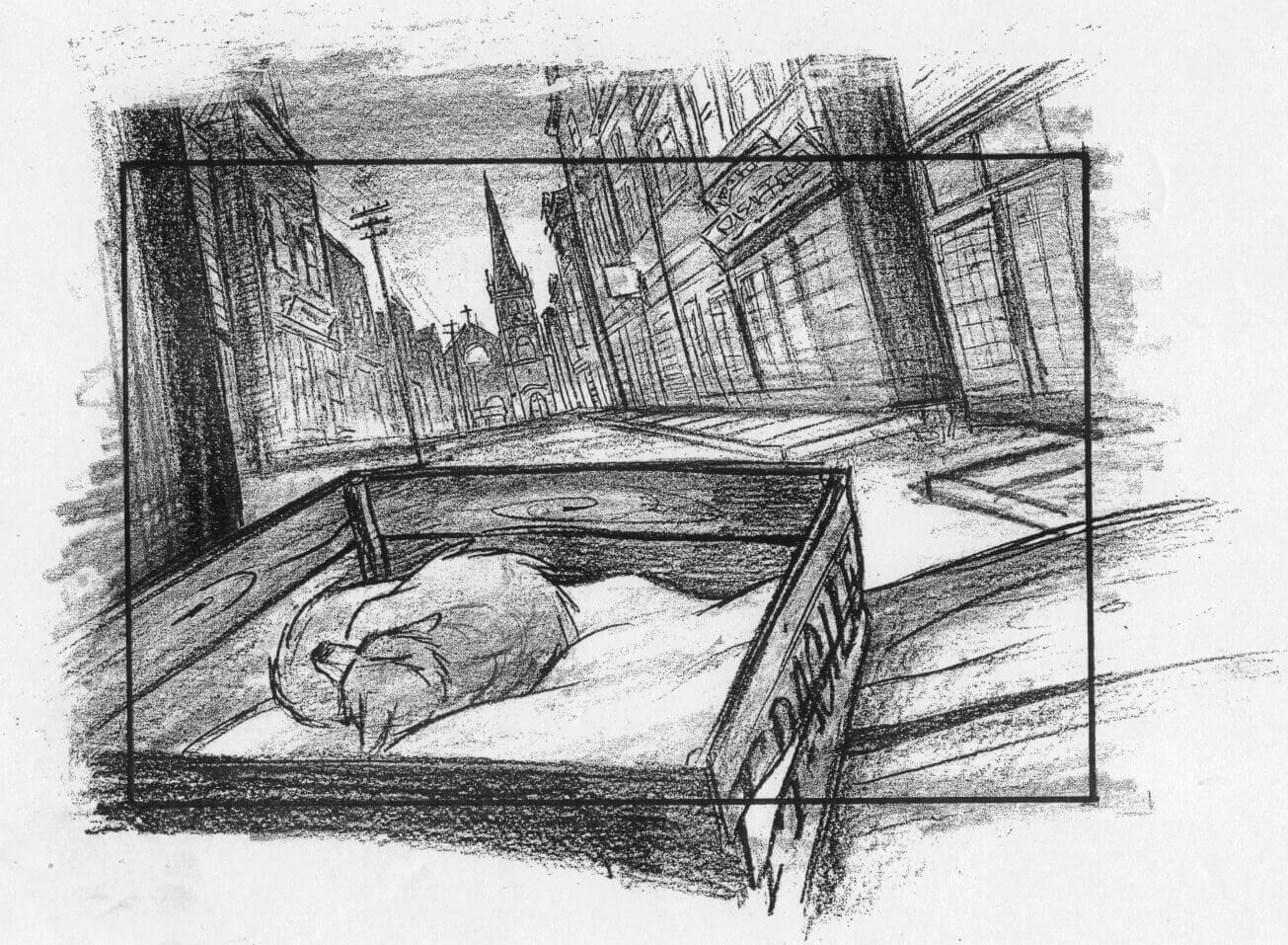 pencil illustration of dog sleeping in a cart