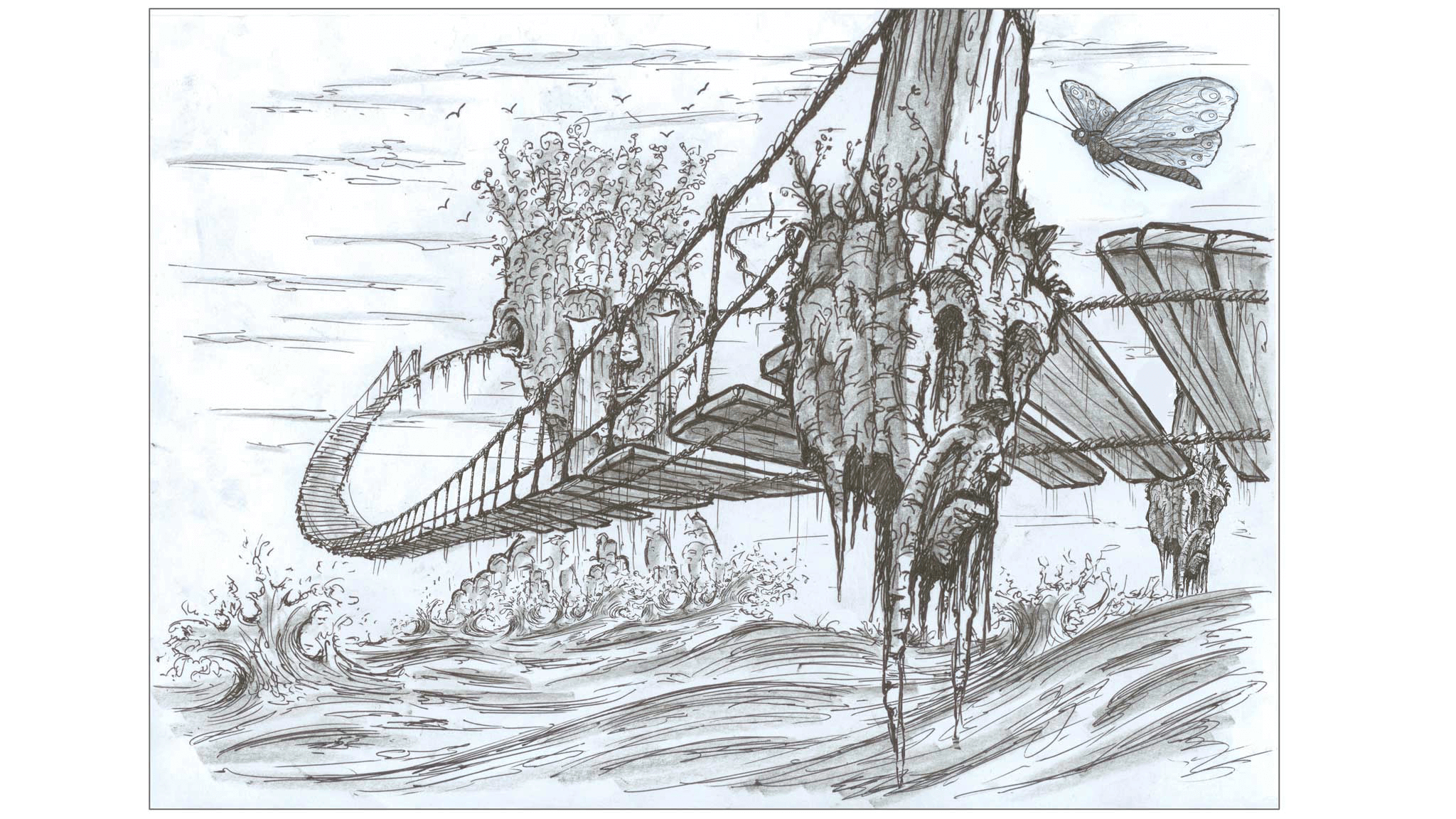 Illustration of a bridge made of giant skeletons