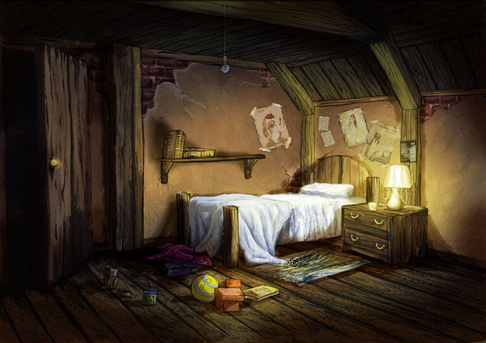 illustration of a candle lit room in a small wooden cabin